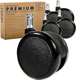 MYNEEED Rotelle per pavimenti morbidi di alta qualità, 11 mm x 22 mm, resistenti ruote per sedia da ufficio, Ø 65 mm, doppie ruote di sicurezza con protezione del filo, certificate TÜV & GS
