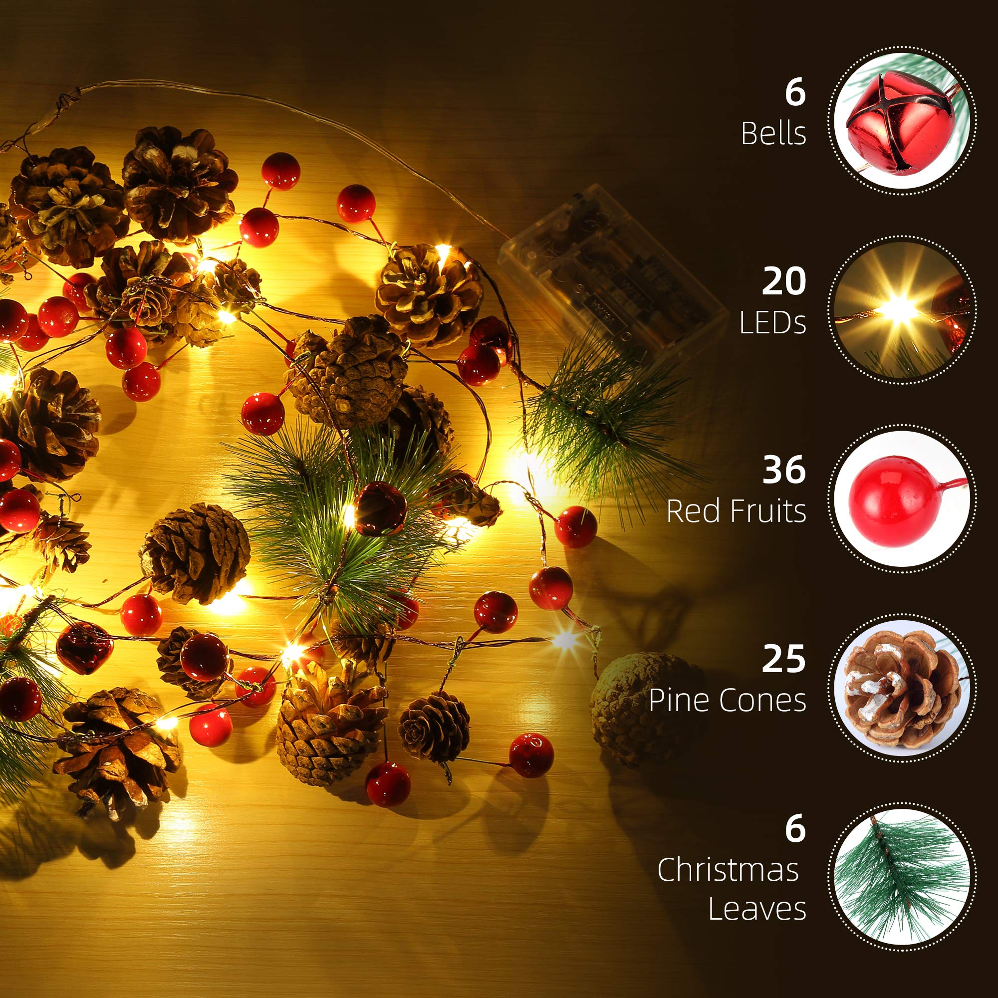 Litake Christmas Garland with Lights, 6.56FT 20 LED Battery Operated Pine Cones Garland Lights with Red Berry Lighted Christmas Garland Decorations for Xmas Tree Mantle Fireplace Stairs