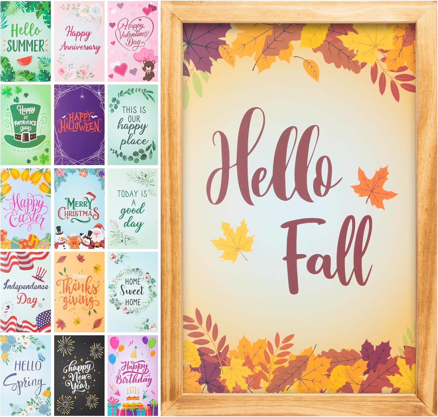 WATINC Wooden Picture Frame Set - 16 Interchangeable Seasonal Posters for Fall Thanksgiving Home Porch Decor, Halloween Party Supplies Photo Hanging Wood Mural for Living Room Wall Decoration