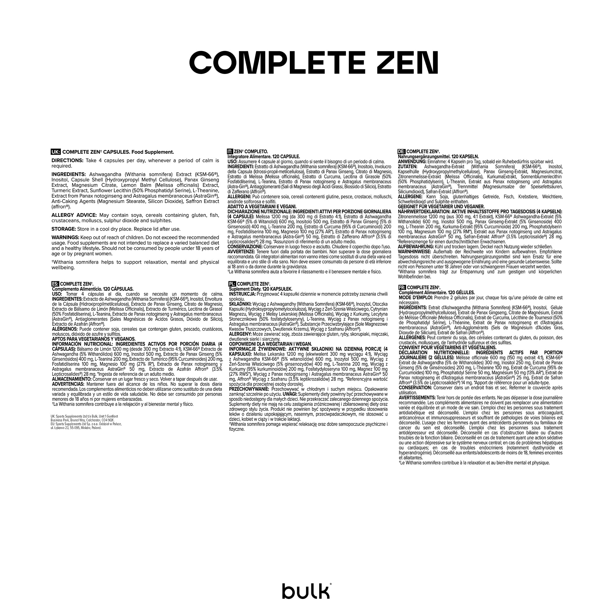 Bulk Complete Zen | 17 ingrédients hautement dosés pour contribuer à la fonction cognitive, aux performances mentales et à la concentration