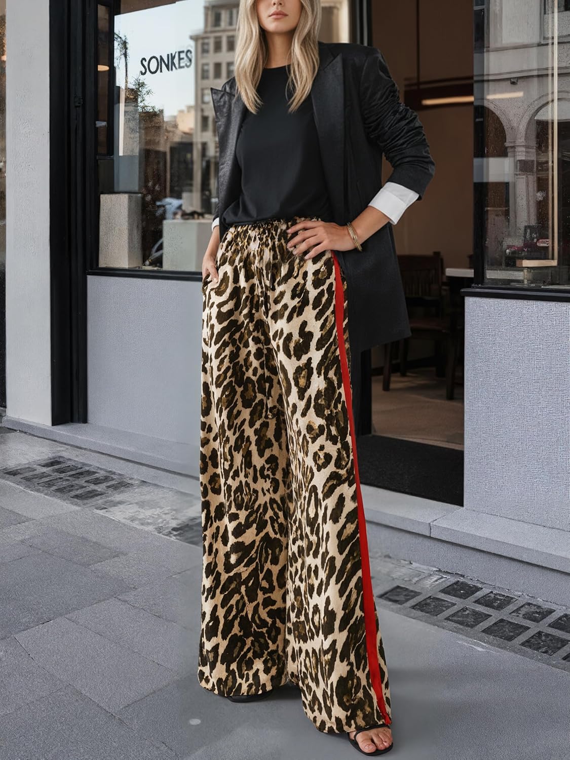 LIWEIKE Women's Leopard Print Pants Drawstring Color Block Side Striped Pants Y2K Cheetah Wide Leg Trousers with Pockets - Image 4
