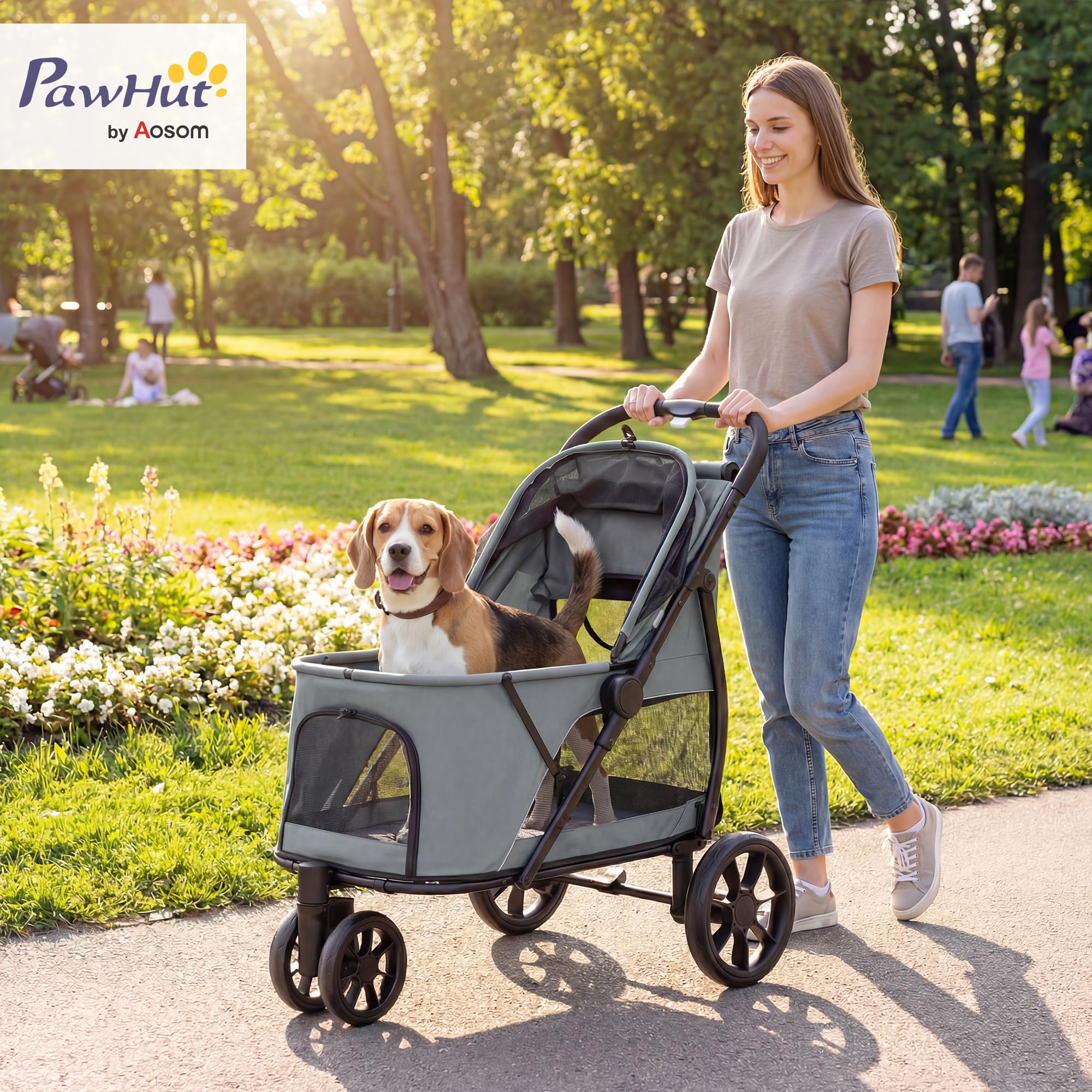 PawHut Carrito para Perros Plegable, Cochecito para Perros Medianos con 3 Ruedas, Ventanas de Malla, Cojín Lavable, Bolsillo, Correas de Seguridad, Frenos, Todo Terreno, Carga 20 kg, 92x63x95 cm, Gris