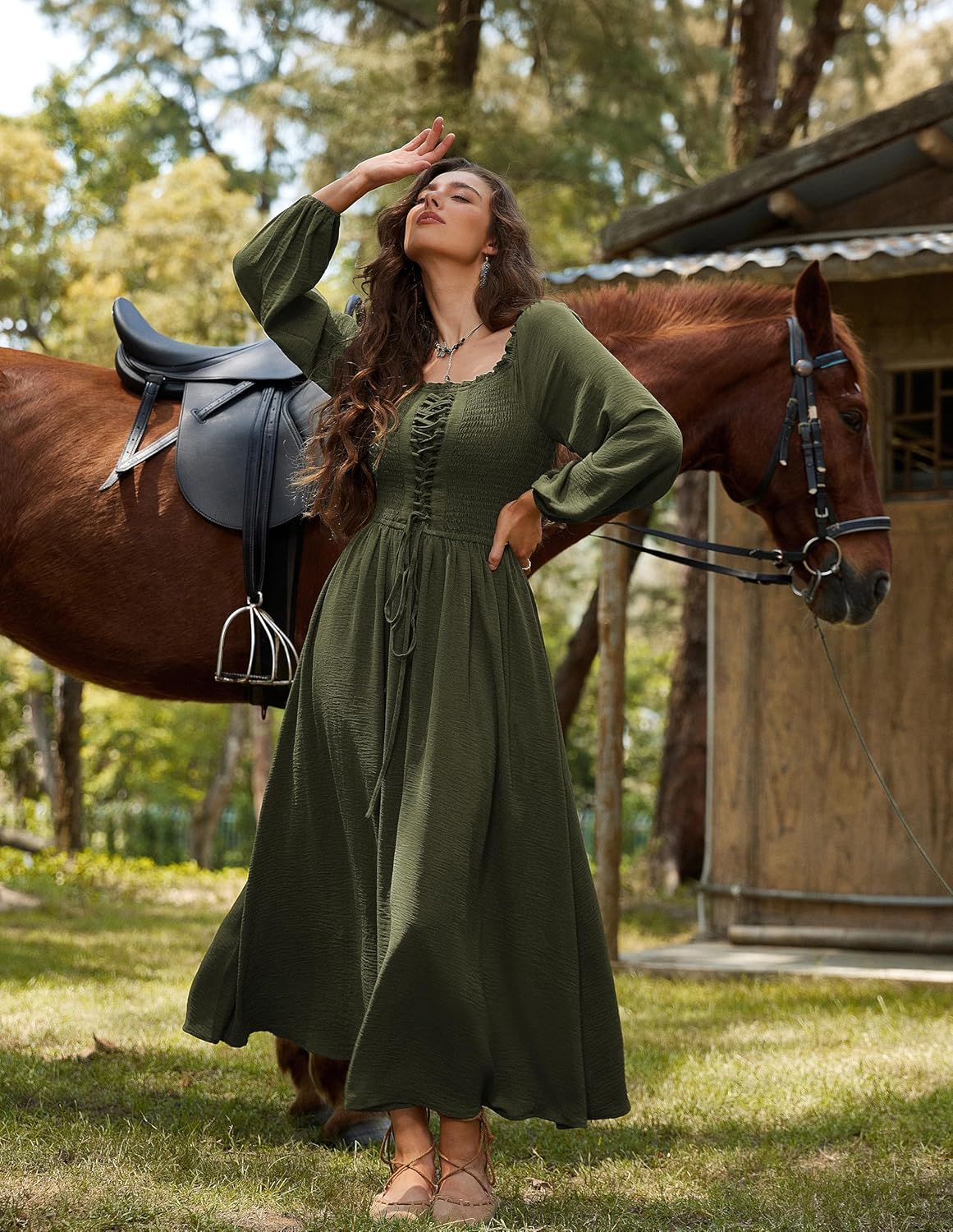 Scarlet Darkness Renaissance Dress Women Long Sleeve Cottagecore Smoked Dress with Pockets - Image 4
