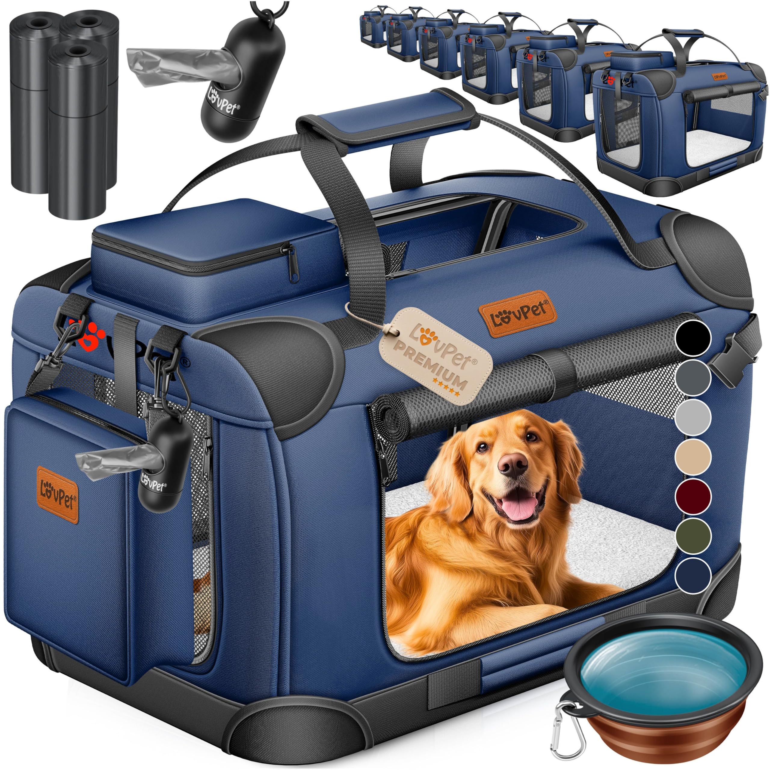 Lovpet® Boîte de transport pliable pour chien avec gamelle, XXL, 91,4 x 63,5 x 63,5 cm - Sac de transport pour animaux de compagnie, chiens et chats - Bleu marine
