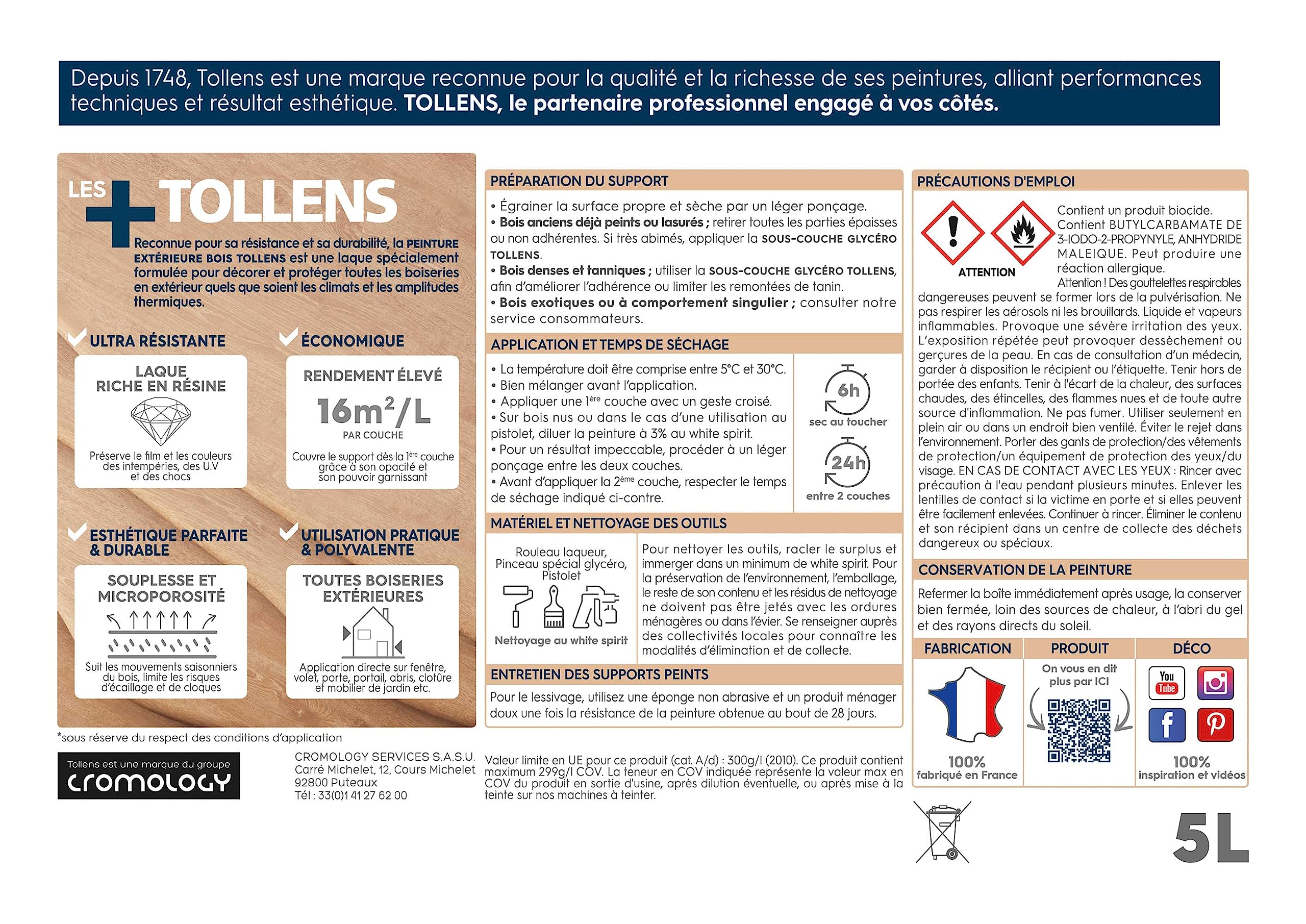 Tollens - Peinture extérieure bois 2 en 1 - Ultra Résistante - Finition Satin - Laque Riche en Résine - Pour Toute Boiserie Extérieure - Sans Sous-Couche - Satin - Blanc - 5L = 80m2