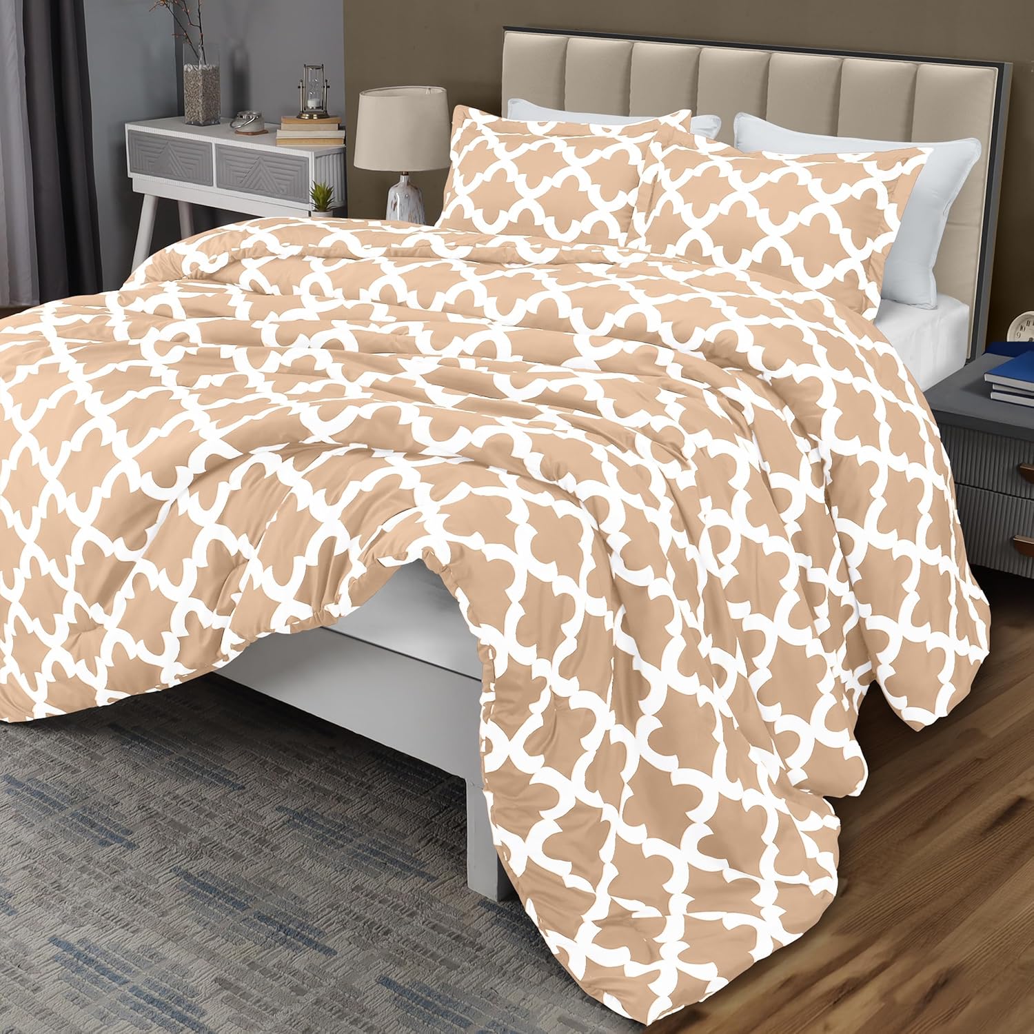 Utopia Bedding King Comforter Set Beige, Printed Comforters King Size, 3 Piece Lightweight All Season Down Alternative Bedding Set with 1 Comforter (90 x 102 in) and 2 Pillow Shams (20 x 36 in)