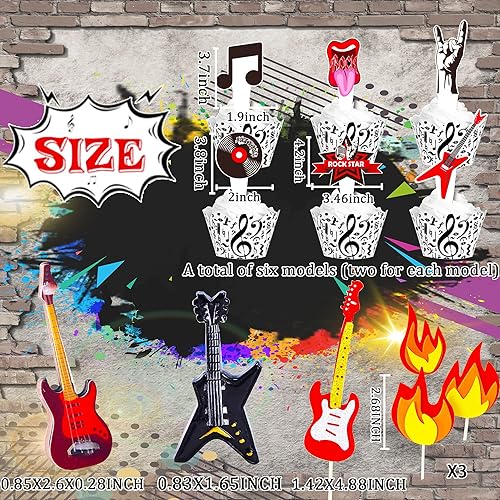 Miniatura 2 de LaVenty Decoración para tartas de cumpleaños, guitarra eléctrica, decoración de pastel de rock y roll, decoración para fiesta temática de Rockstar,