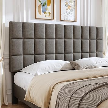 Square Tufted Linen Headboard Only, Upholstered Fabric Headboard King Size, Durable and Sturdy Solid Wood Bed Headboard, Adjustable Height 44"-52", Stone