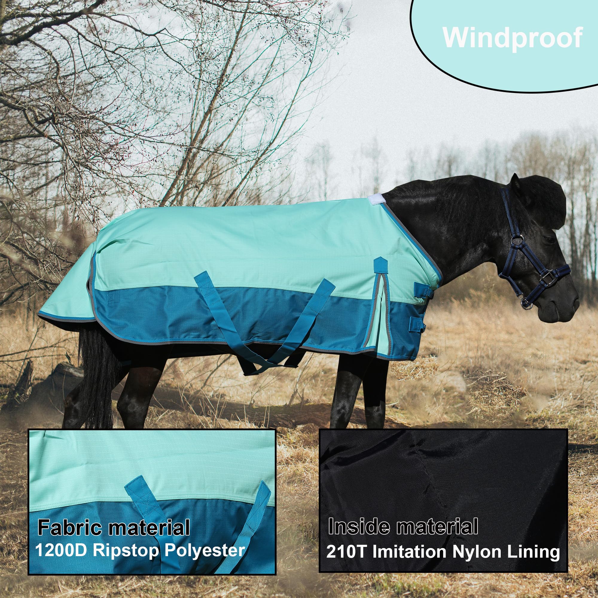 Leberna Impermeable 1200D Manta Ligera para Lluvia Pony Mini Shetland Turnout Relleno 0g (Turquesa, 3'9"/114 cm)