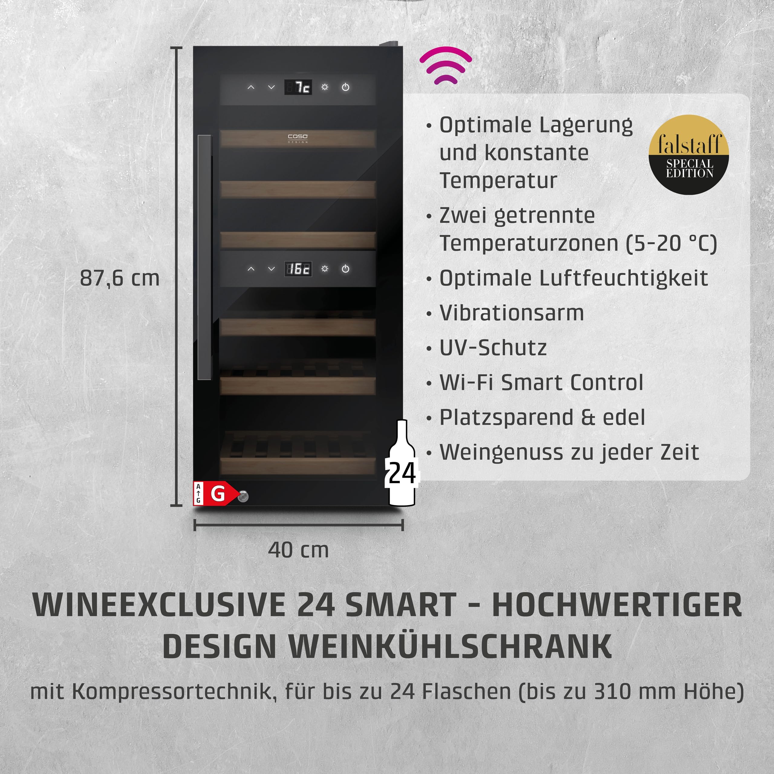 Caso WineExclusive 24 Smart - Design Weinkühlschrank, bis zu 24 Flaschen, Zwei getrennte Temparaturzonen einstellbar von 5°-20°C, LED beleuchtet, mit Wi-Fi Modul und App