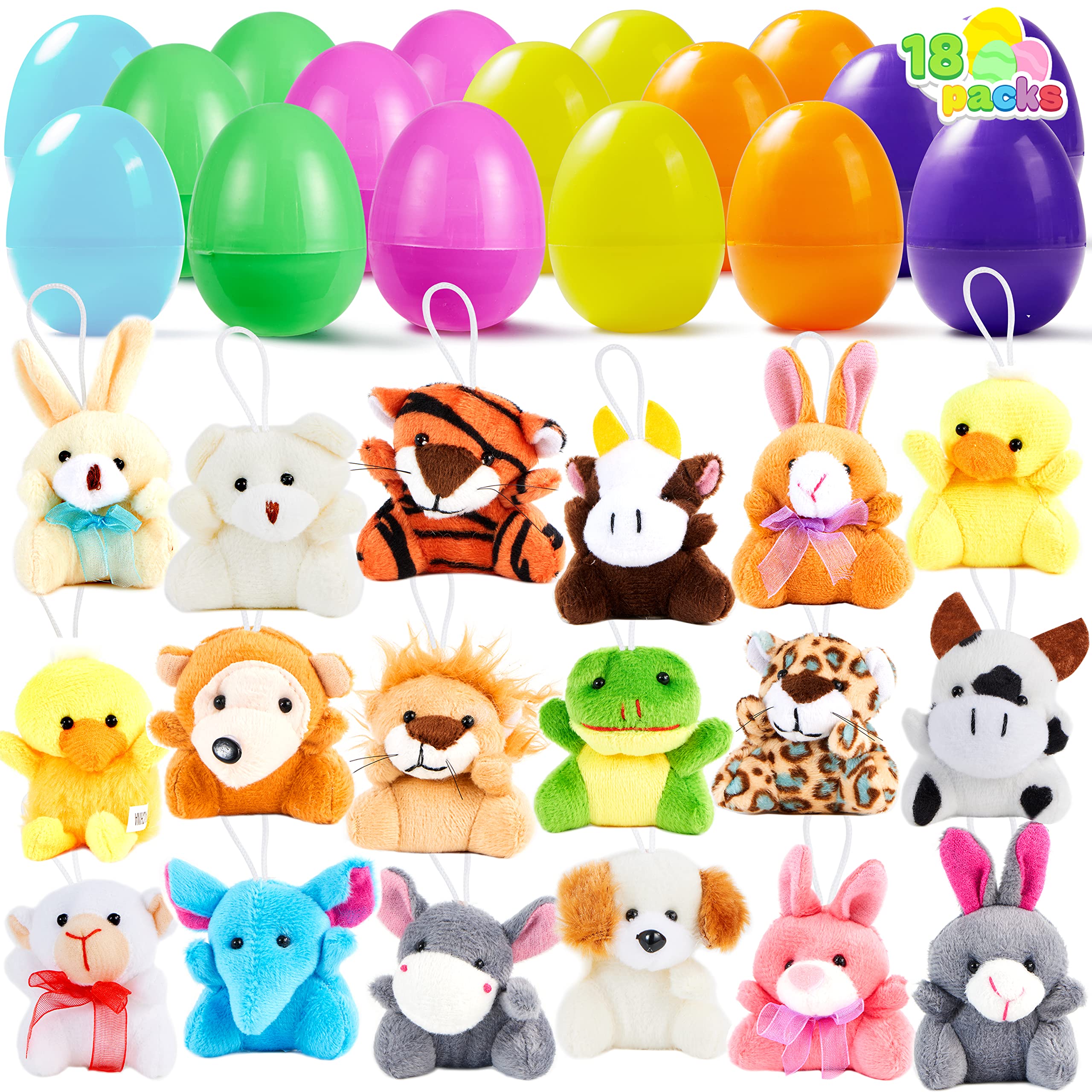 JOYIN 18 Pcs Pre-Filled Easter Eggs with Plush Animal Toys, Egg Filled Keychain for Kids Hunt Goodie Bag Fillers Basket Stuffers and Party Favor