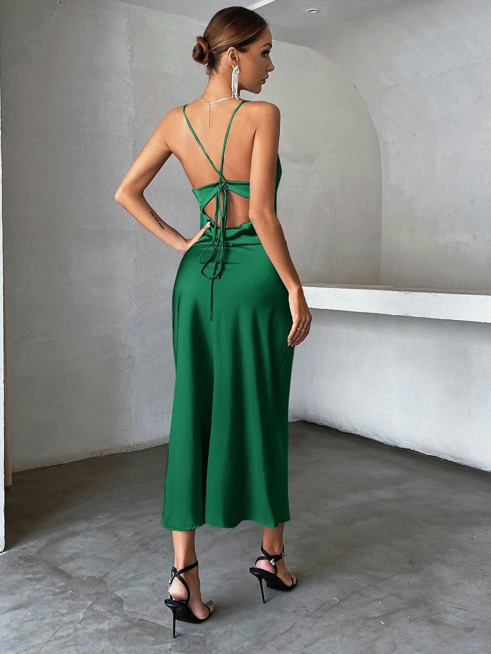 Abito Sottoveste da Sera in Raso da Donna-Verde Scuro-L