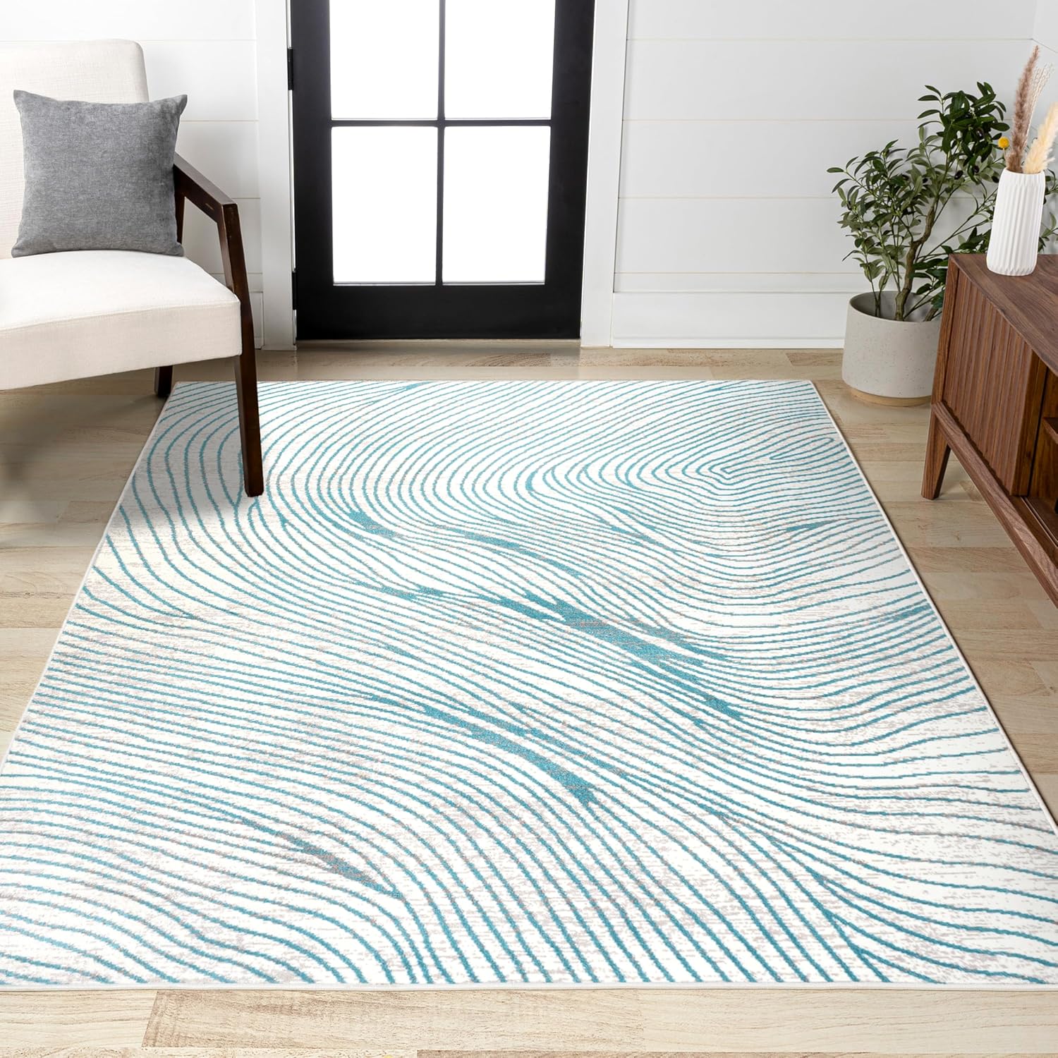 JONATHAN Y Arlo Woodgrain Geometric Ivory/Blue Indoor Area Rug, 3x5, Modern, Contemporary, Easy-Cleaning for Living Room, Bedroom, Kitchen, Pet Friendly, Non-Shedding (LUX104A-3)