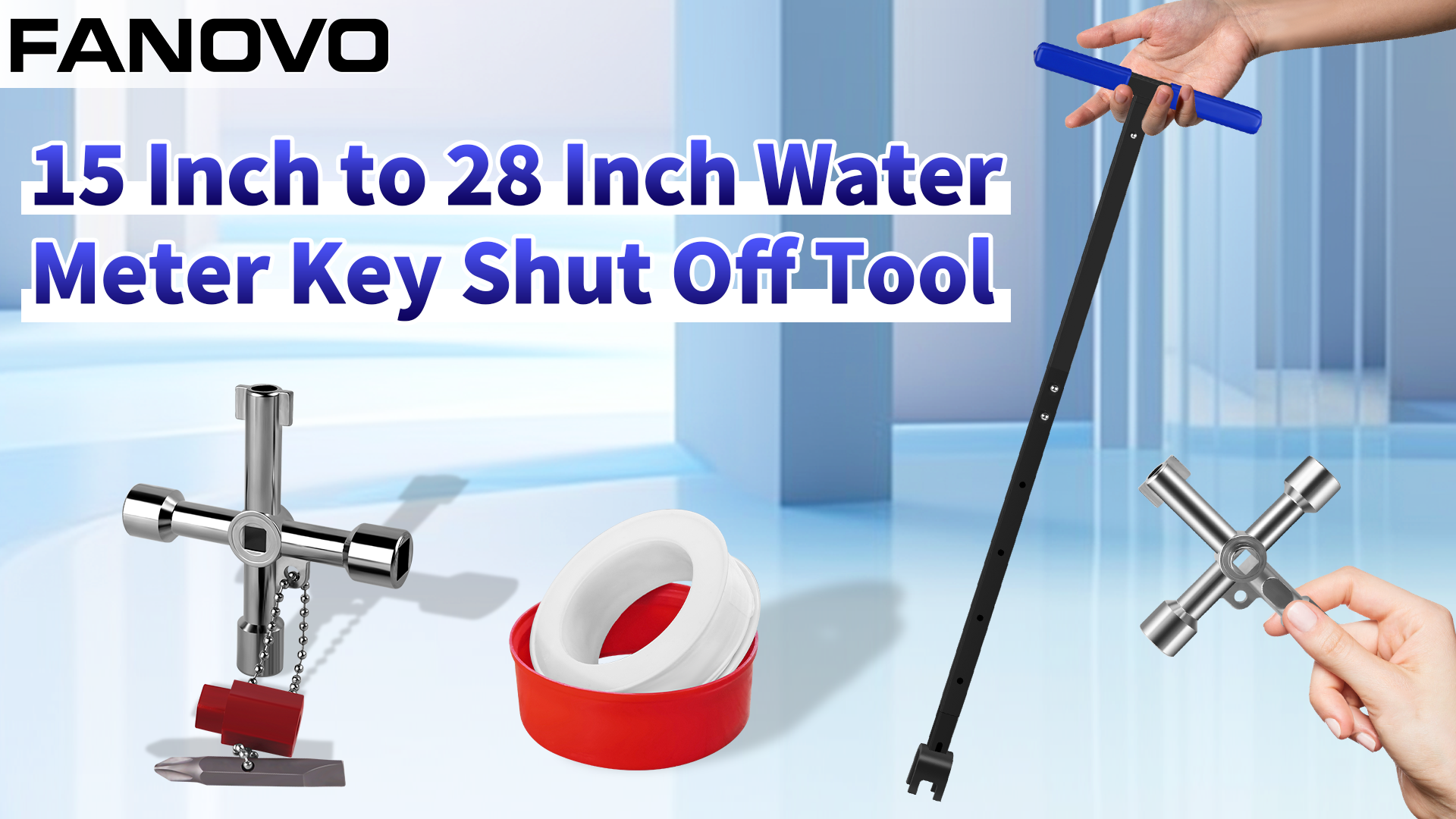 28 Inch Water Meter Key Shut Off Tool – Adjustable Length (15/28 Inch), Heavy-Duty Steel, T-Handle, 4-Way Multifunctional Key & Seal Tape Included