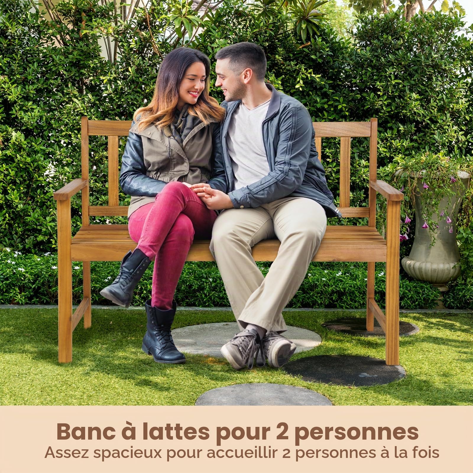 GIANTEX Banc d'Extérieur pour 2 Personnes, Banc de Jadin en Bois d'Acacia, Banc de Parc, avec Dossier et Accoudoirs Ergonomiques, Résistant aux Intempéries, Jardin, Terrasse, 122 x 56,5 x 86 cm