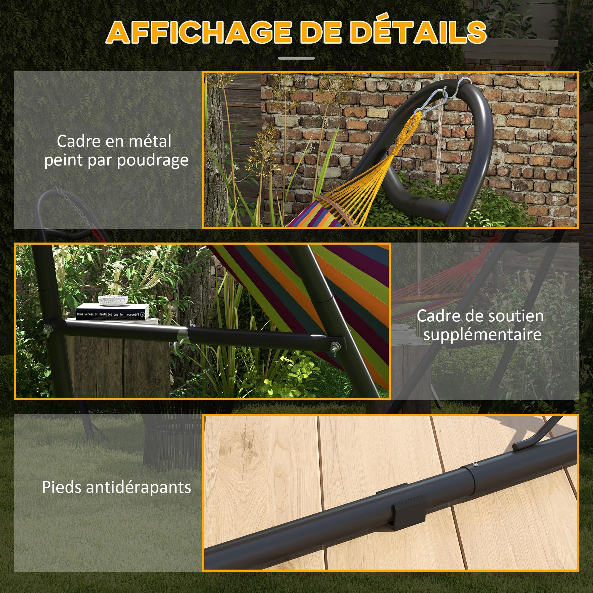 Outsunny Support de Hamac pour 2 Personnes, Cadre Métal Portable Réglable, Résistant aux Intempéries, Capacité 250 kg, Noir