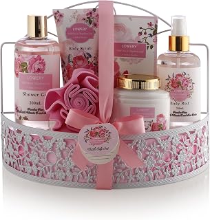 Birthday Gifts, Spa Gift Basket - Wild Rose & Raspberry Leaf Fragrance - 7 Piece Bath & Body Set For Women, Contains Shower Gel, Lotion, Body Scrub, Bath Salt, Body Mist, Bath Puff & Shower Caddy