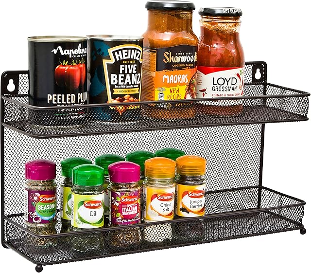 Amtido Spice Rack | 2 Tier Free Standing & Wall Mounted Seasoning Storage Organiser Racks | Inside Kitchen Cupboard Door Storage for Herbs and Spices Jars | Metal Mesh Bronze