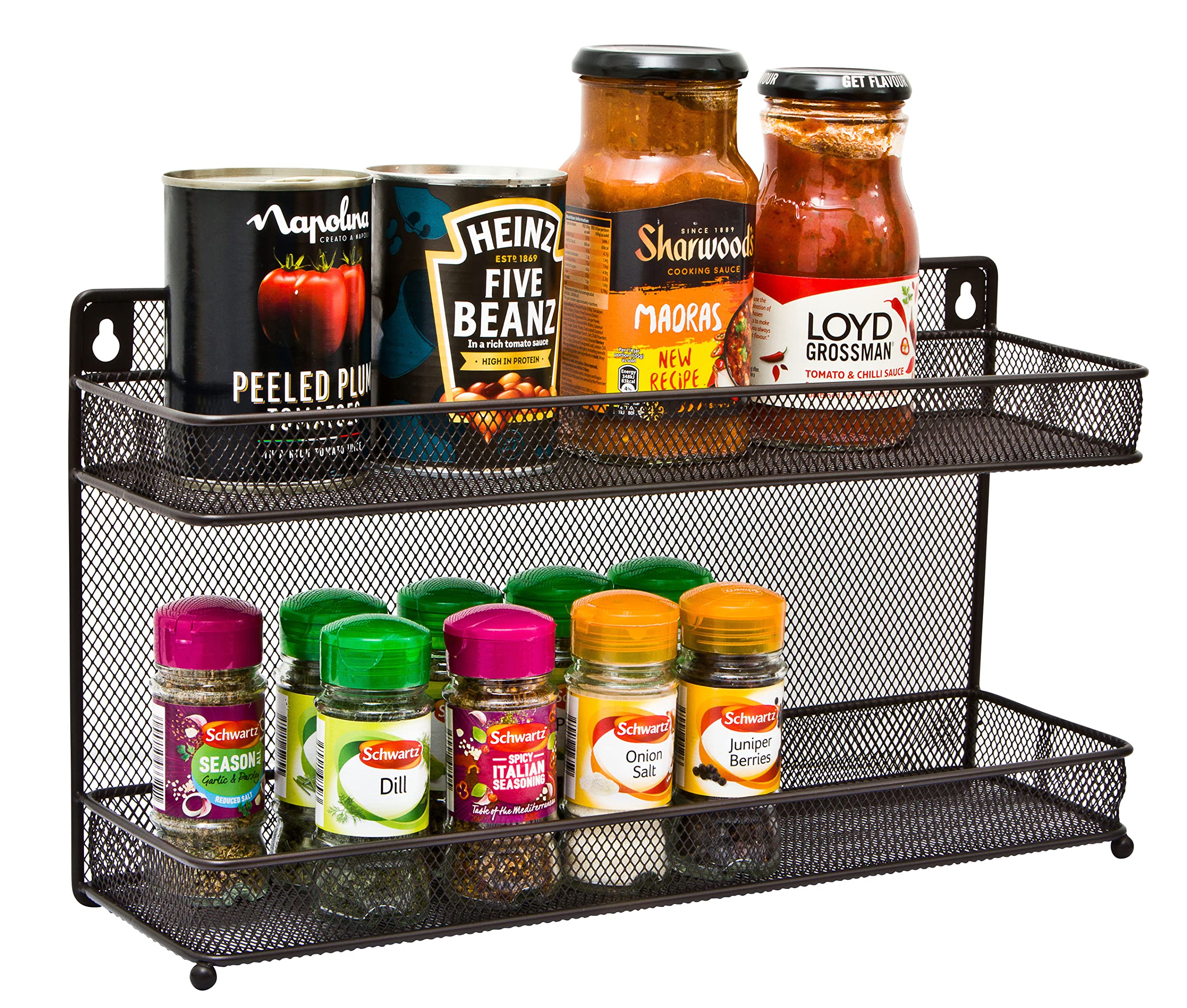 Spice Rack | 2 Tier Free Standing & Wall Mounted Seasoning Storage Organiser Racks | Inside Kitchen Cupboard Door Storage for Herbs and Spices Jars | Metal Mesh Bronze
