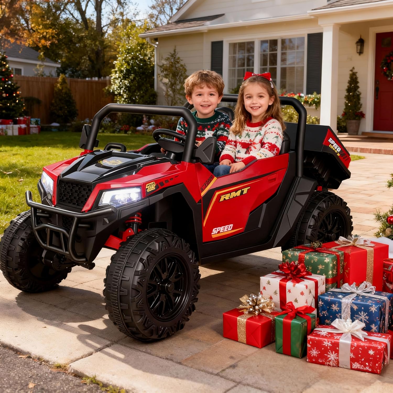 FUNTOK 24V 2 Seater Ride On UTV Toys for Big Kids, 4WD XL Ride-on Dump Truck w/Remote Control, 4x200W Motors, Motorized Dump Bed, Soft Start, 5 MPH, Lights, Bluetooth, Drivable Cars for Kids (Red)