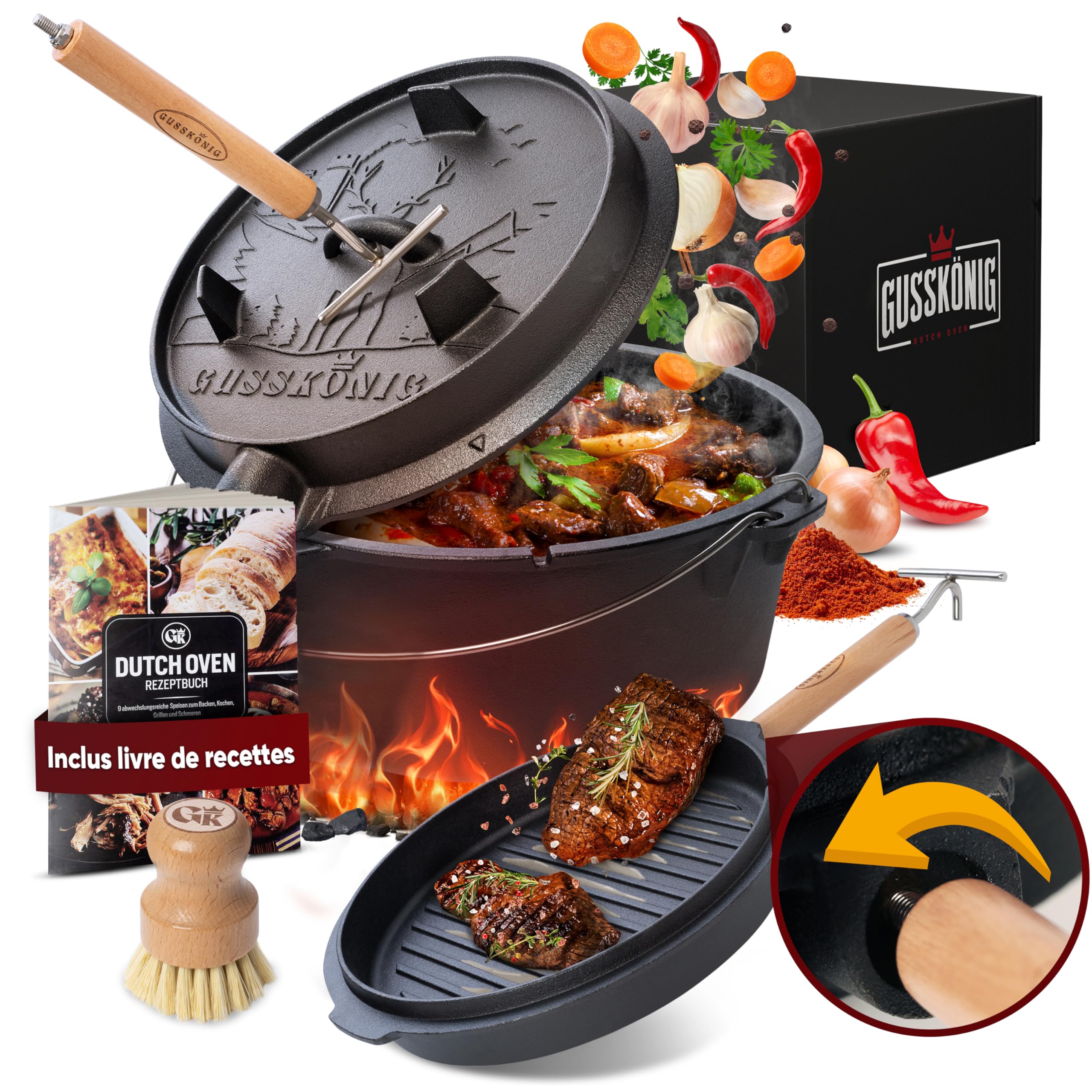 GUSSKÖNIG Ensemble de Dutch Oven - Dutch Oven de 12 Litres déjà culotté - Cocotte en fonte avec pieds - Pot de cuisson multifonction - avec lève-couvercle 2 en 1, brosse [pour 8-10 personnes]