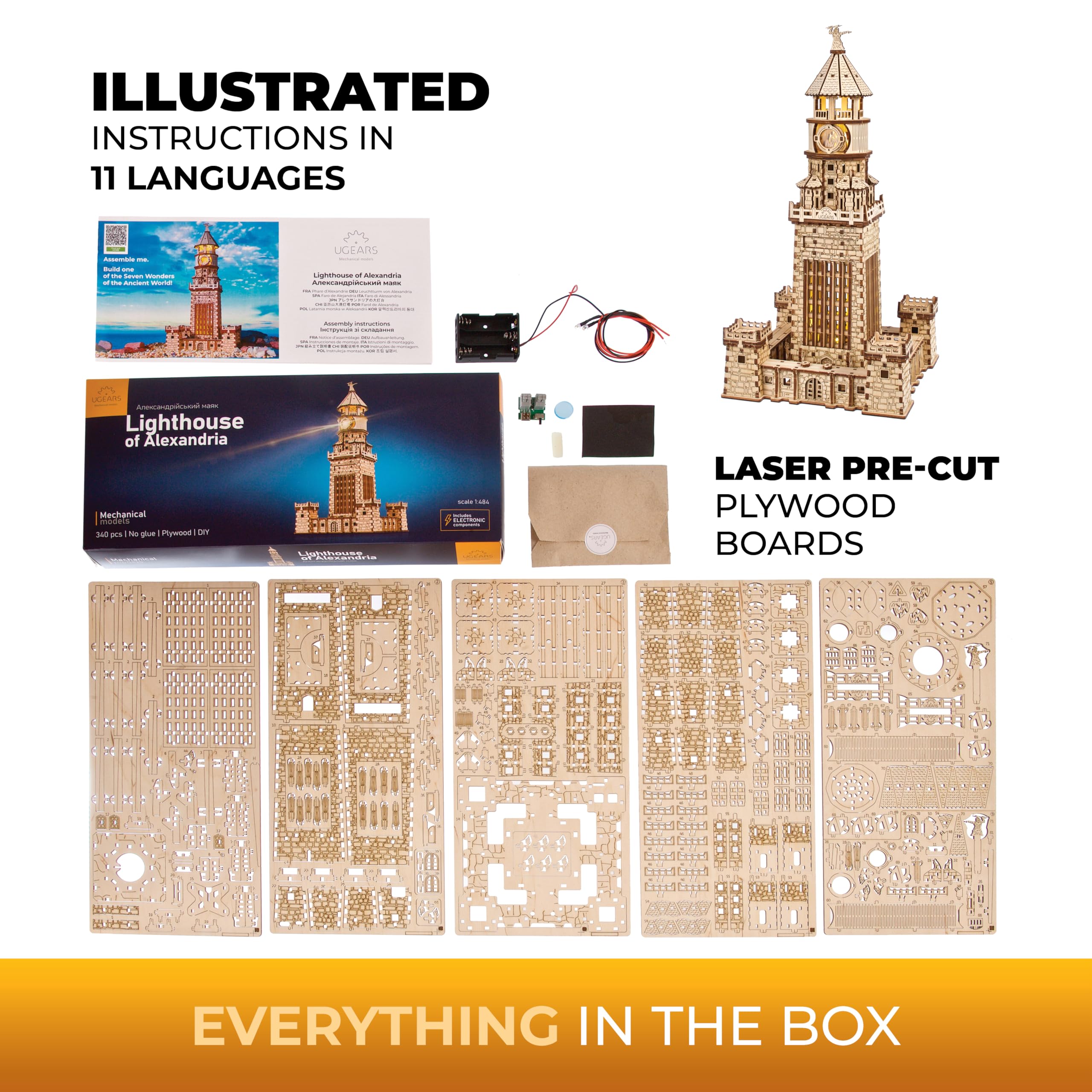 Ugears Latarnia Aleksandryjska Puzzle 3D - Zestawy DIY dla Dorosłych z Drewna z Lampką LED - Zestawy Modelarskie Rzemiosło dla Dorosłych Drewniane Puzzle Idealny Prezent - 340 Elementów