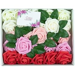 Paneles De Cielo Falso Flores artificiales de rosas falsas, paquete de 25 rosas artificiales con hojas, flores falsas de espuma de látex, incluye fragancia de rosa, para ramo de novia, accesorios decorativos para el hogar