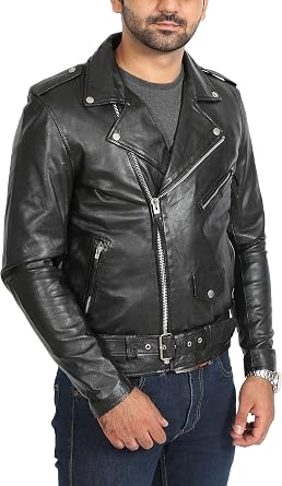 A1 FASHION GOODS Mens Black Leather Biker Jacket Fitted With Belt Classic Retro Brando Style Coat - Elvis