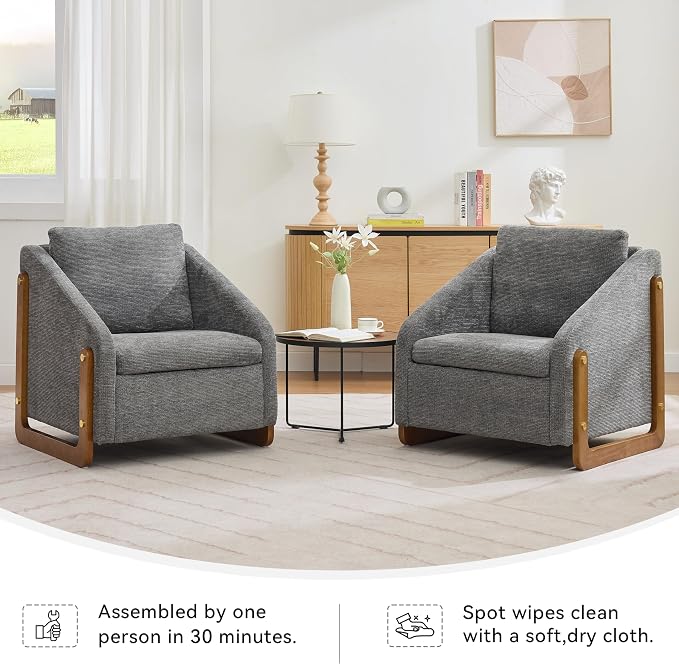 Sillón tapizado chenille gris con estructura de madera miniatura 4