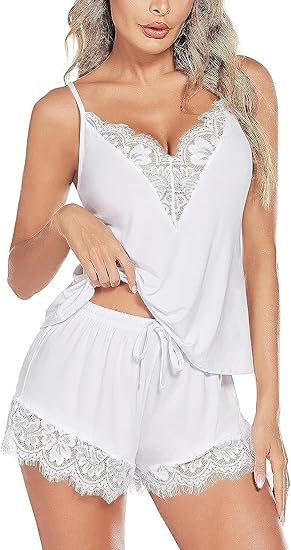 Women's Satin Silk Mesh Lace Deep V Neck Sleepwear Cami Top and Shorts 2 Piece Pajamas Set Nightwear Lingerie Set