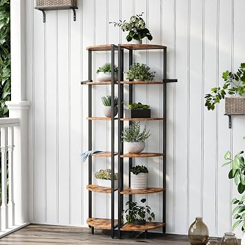 6-Tier Standing Corner Shelf,70.5 Tall Ladder Corner Storage Shelf with Adjustable Feet,Rustic Display Rack Multipurpose Bookshelf Bookcase,Plant Stand for Living Room, Bedroom (Brown)