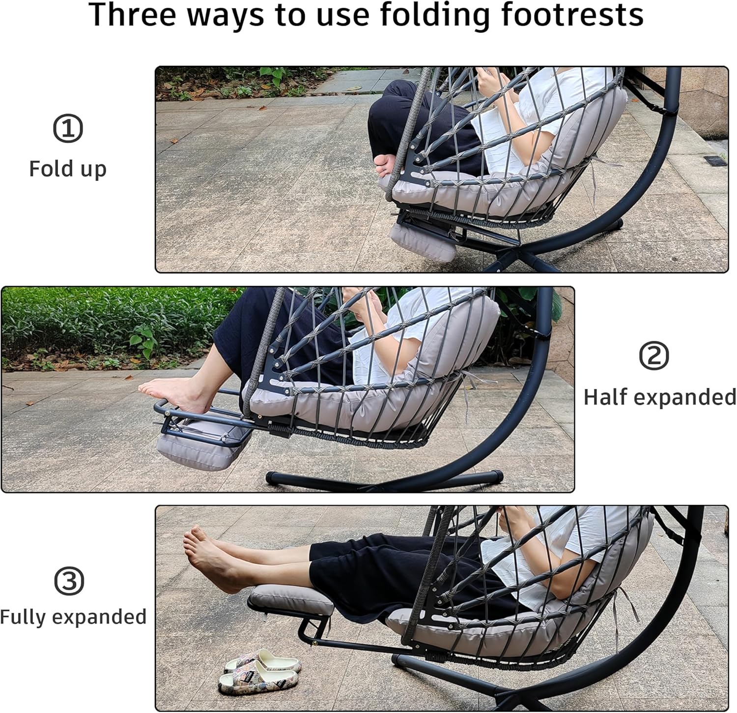 Outdoor Swing Egg Chair with Stand and Footrest, Comfy Patio Hammock Hanging Rocking Egg Chair with Cushion for Bedroom Indoor, Dark Gray
