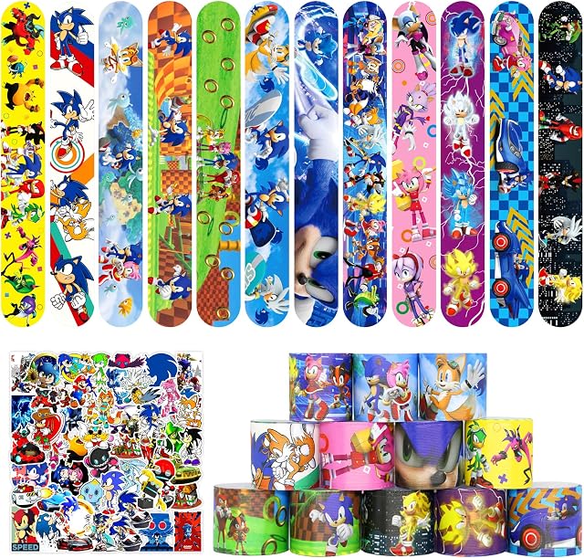 86 PCS Blue Hedgehog Birthday Party Decorations Gift Set, 36 PCS Hedgehog Slap Bracelets, Hedgehog Party Supplies Birthday Decorations for Kids, 50 Stickers, Hedgehog Party Bag Fillers Party Favors