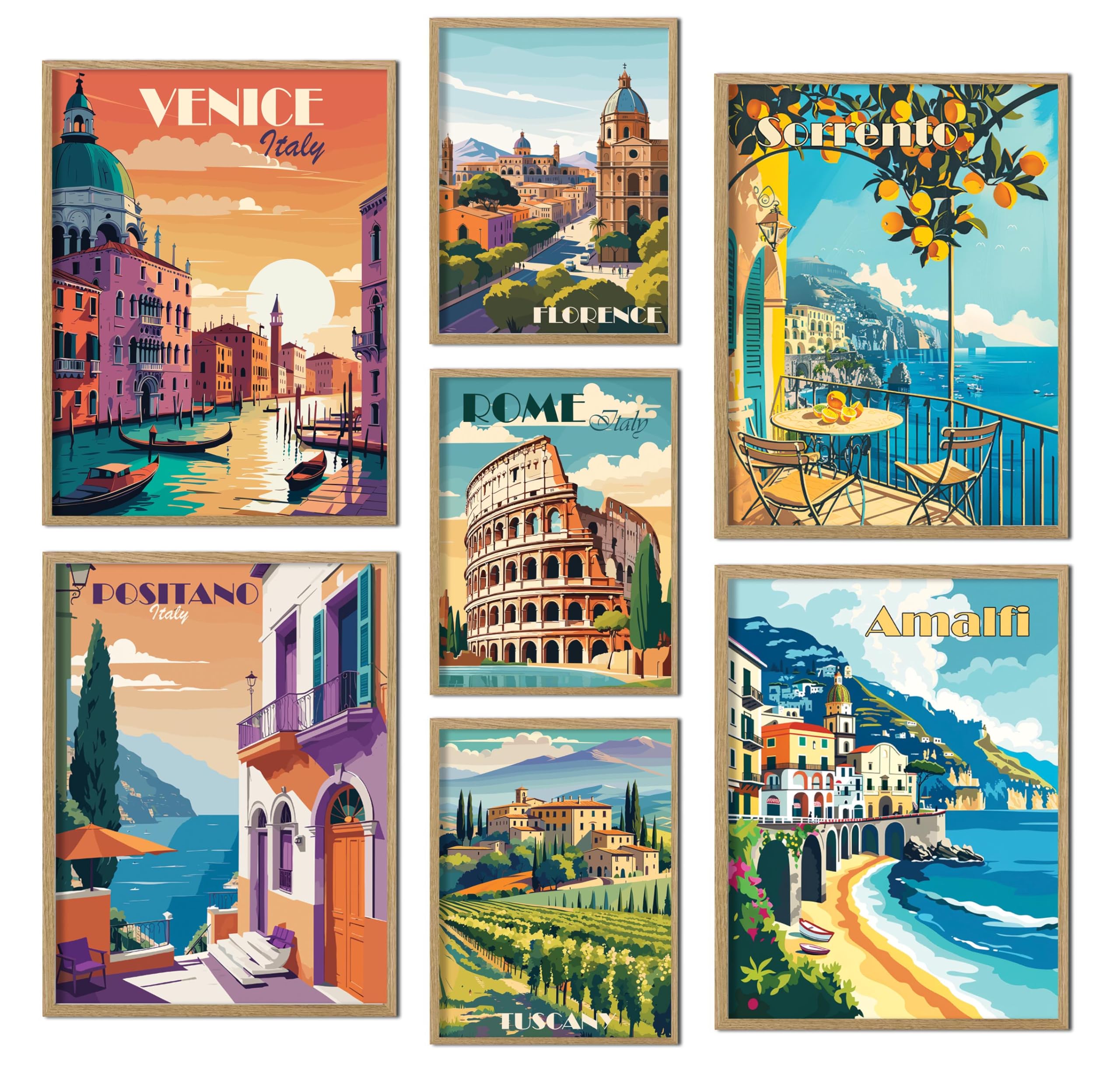 ag.art deco® 7er Set Poster Ohne Rahmen Wanddeko Wohnzimmer Modernes Design | Premium XXL 7 moderne Travel Italien Rome Venice Toskana Sorrento Amalfi Florence Vintage Retro Terrakotta Mediterran, Flur