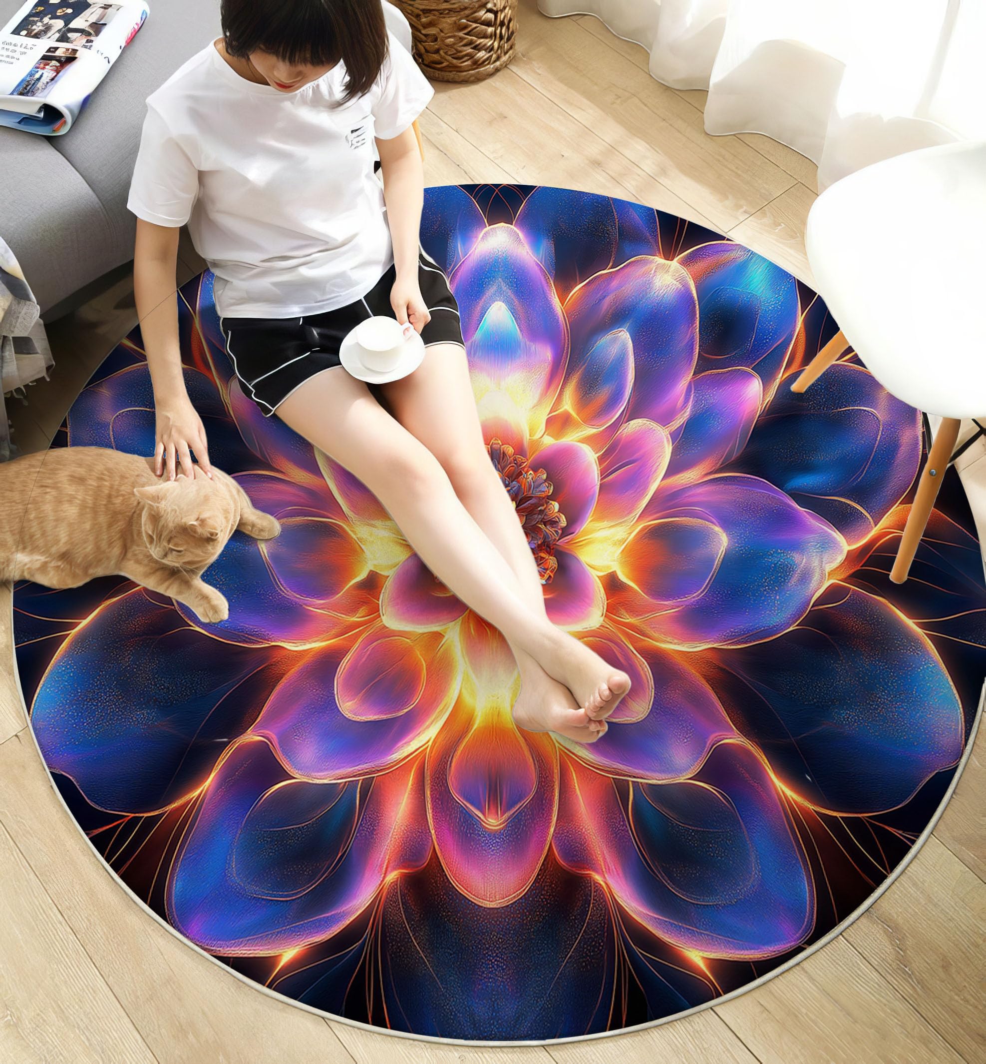 Tapis Rond 100cm, Microfibre Douce Tapis Circulaire Fantastique Art, Moquette Salon Chambre, Imprimés Brillant Mandala Antidérapant Lavable Moquette de Décoration, Bleu Violet