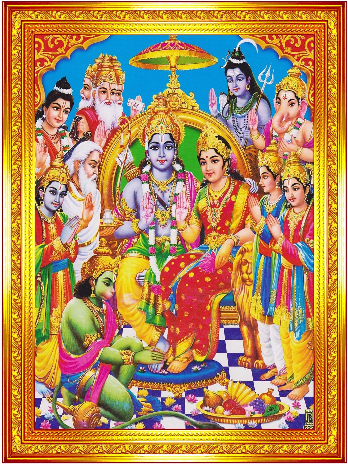 Pavan Photo Laminations Ram Darbar Lord Shri Rama Sita Parivar Family Wall Painting Framed Home Decor (Wood,Matte,Gold,Big Size,10 x 12 Inch) R745M