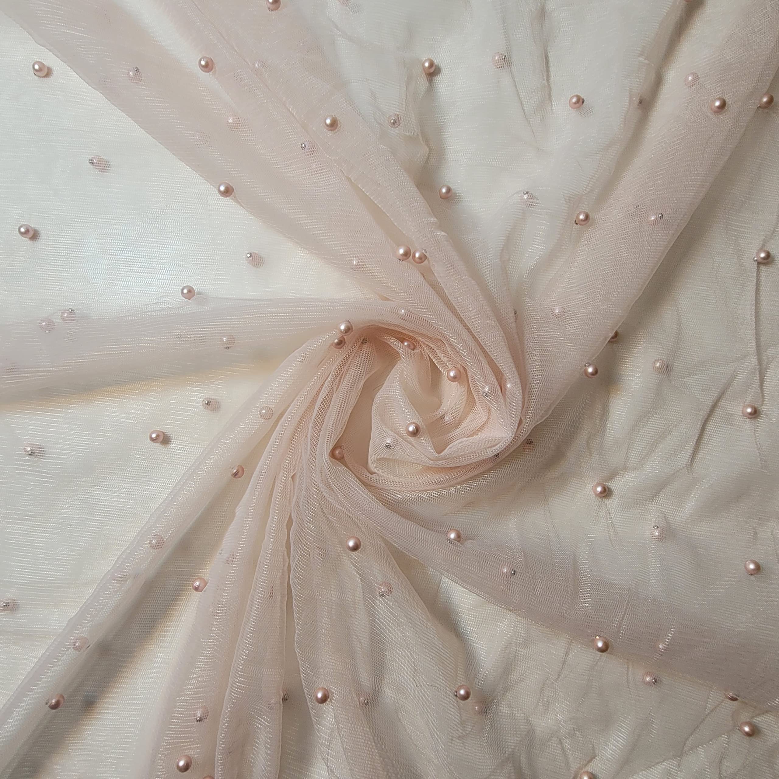 Textile Station 58" Wide Tulle Beaded Pearl Lace Net Fabric Bridal Veil Wedding Backdrop Décor Available in 25 Colours (Col #31, 2 Meter)