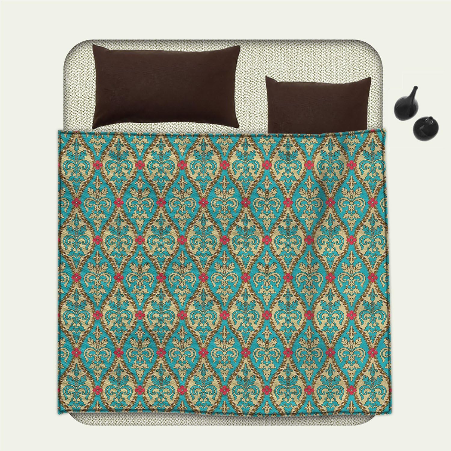 Turquoise picnic blanket Vintage Oval Shapes Floral Leaves