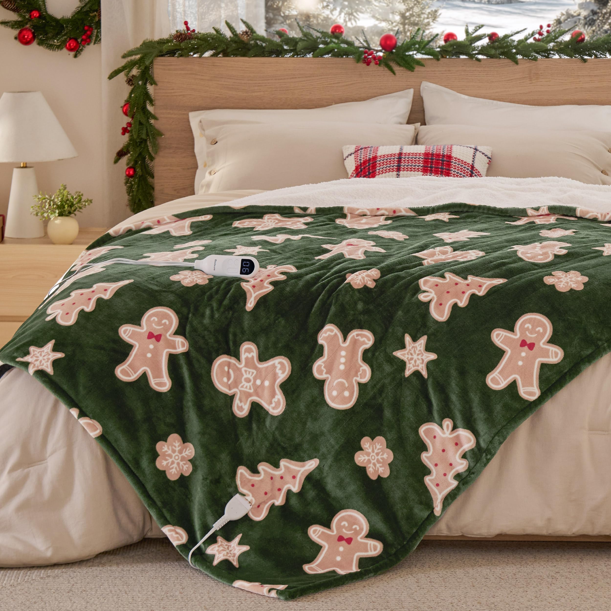 Bedsure Electric Blanket Twin - Soft Flannel Sherpa Heated Blanket with Gingerbread Pattern, for Grandma, Heating with 6 Heating Levels, 10 Time Settings, and 8-Hour Auto-Off (62"x84")