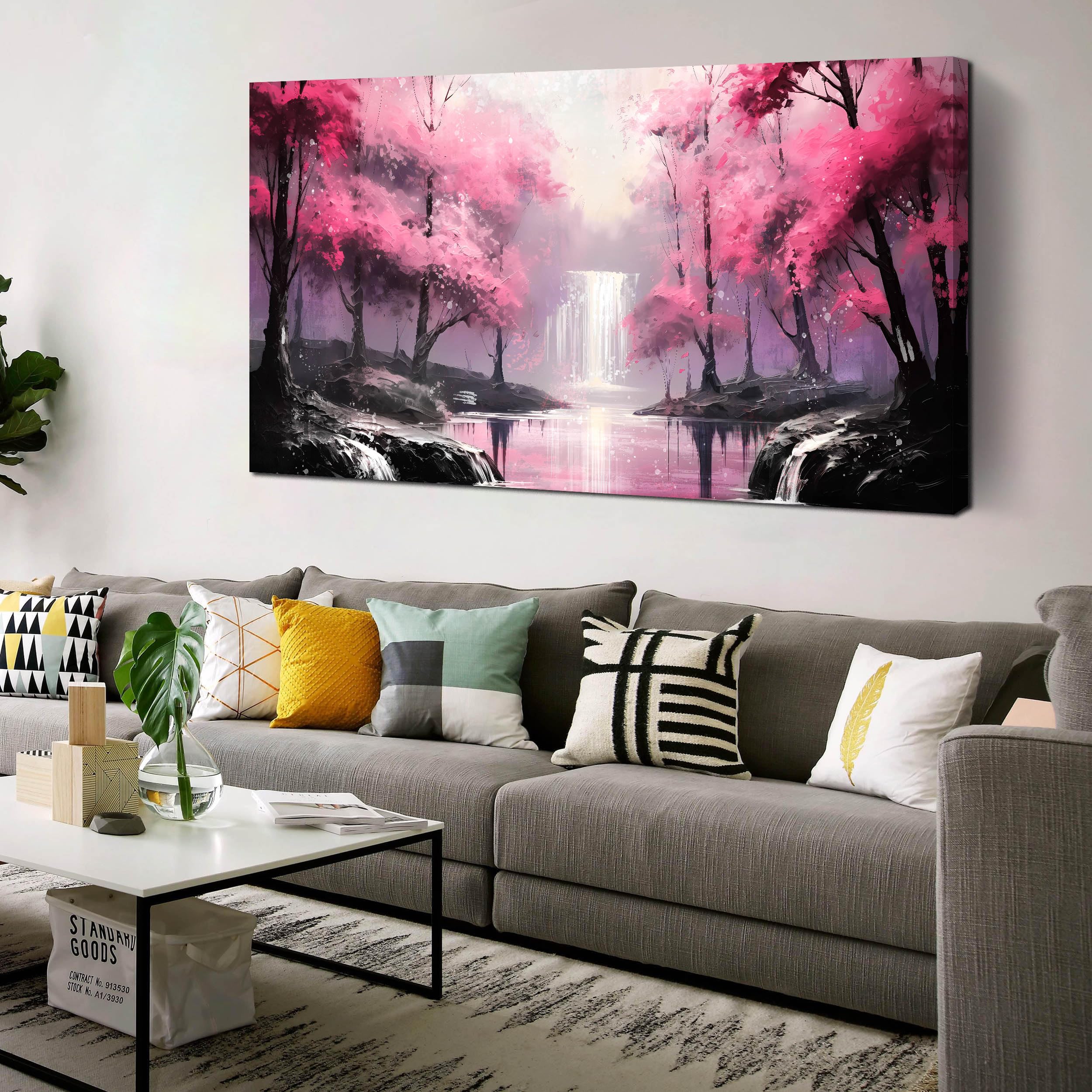 Pink Tree Wall Art for Living Room Large Size - Bedroom Wall Decor for Women - Waterfall Pictures Wall Art for Office Size 29" x 59"