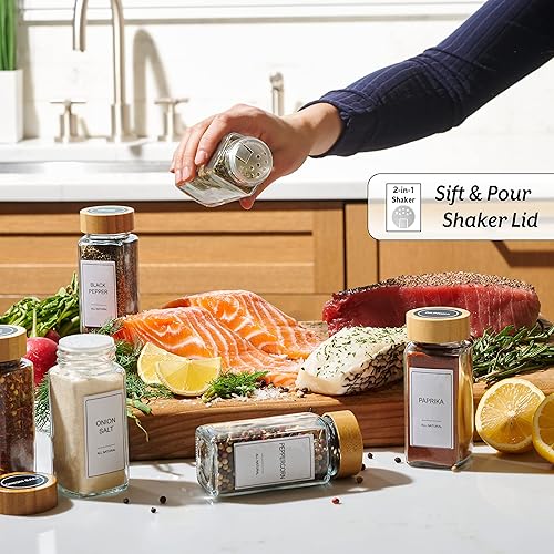 Miniatura 2 de Juego de 24 tarros de especias de vidrio con varias etiquetas, tapas y embudo de bambú, tarros de almacenamiento de cocina con tapa hermética,