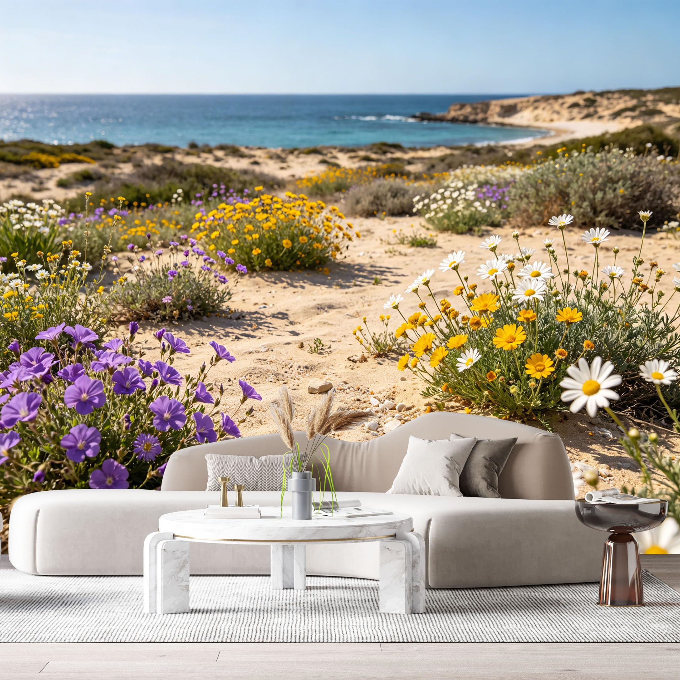 Custom Size Wall Murals Coastal Botanical Ocean Marine Landscape Watercolor Wildflowers Sandy Beach SelfAdhesive Wall Fabric Removable Large Wallpaper for Photo Living Room