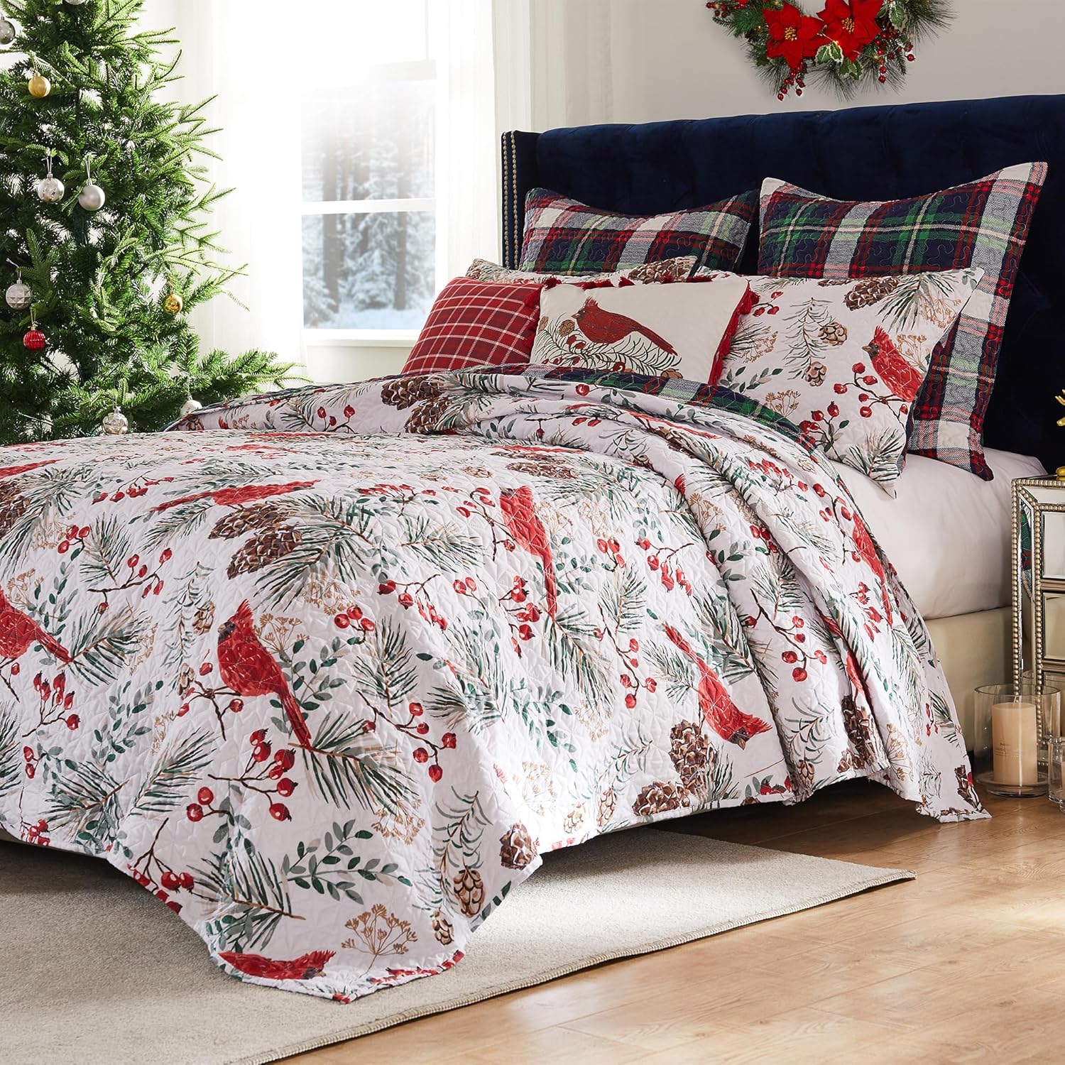 Greenland Home Cardinal Plaid Winter Wonderland Reversible Quilt Set, 3-Piece Full/Queen