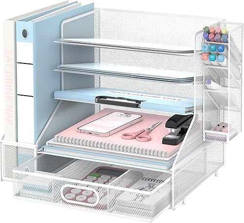 SUPEASY Organizador de escritorio con soporte para archivos, bandeja de papel de malla de 5 niveles y 3 clasificadores de archivos inclinados para