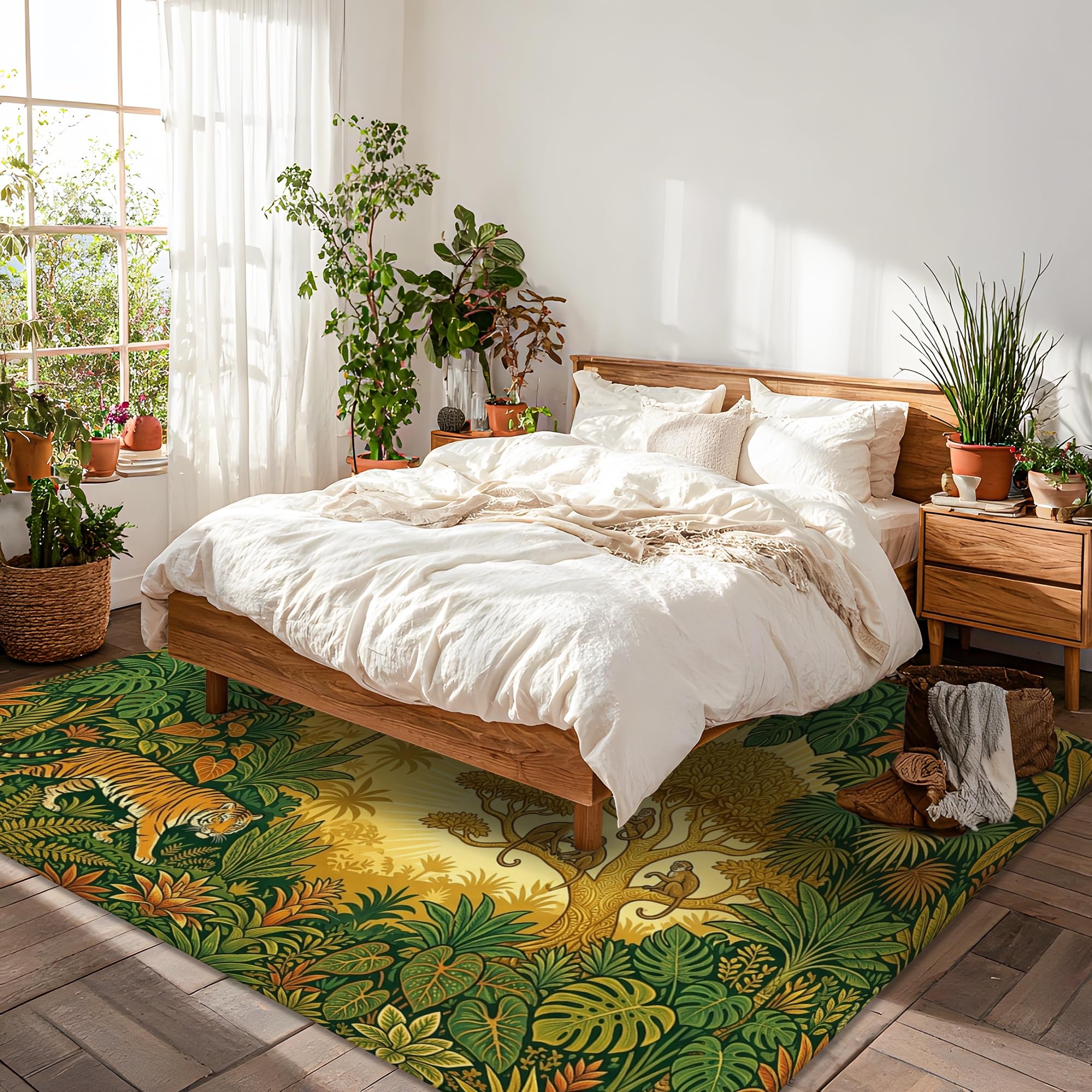 Alfombra de área de tigre, hojas tropicales de árbol natural, verde, de pelo bajo, esponja suave, rectangular, resistente a las manchas, para sala de estar, dormitorio, aula, dormitorio, decoración de