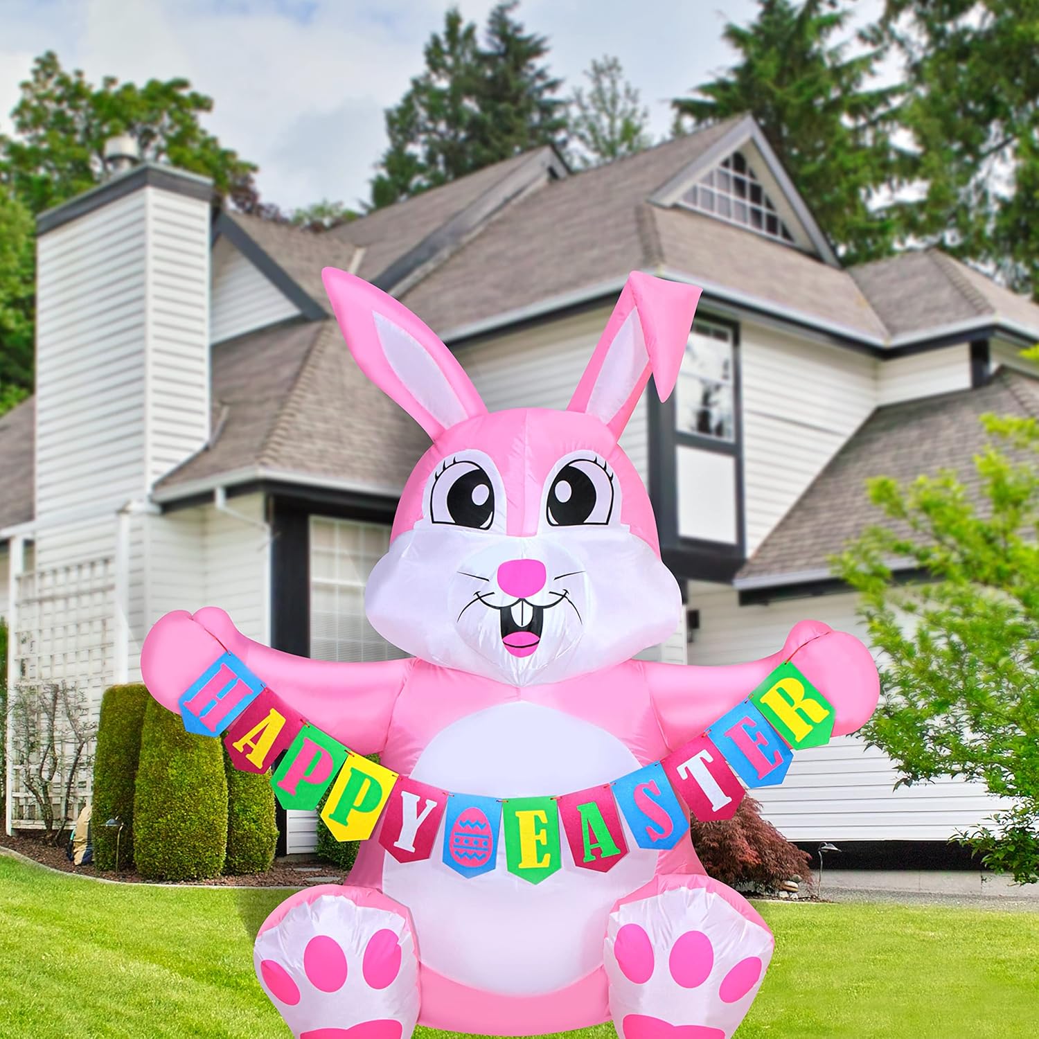 Easter Inflatable Pink Bunny Holds Happy Easter Banner Blow up Outdoor Decoration with LED Lights, Yard Garden Lawn Outdoor Decoration Front Door Holiday Decor (5 FT Easter Pink Bunny)