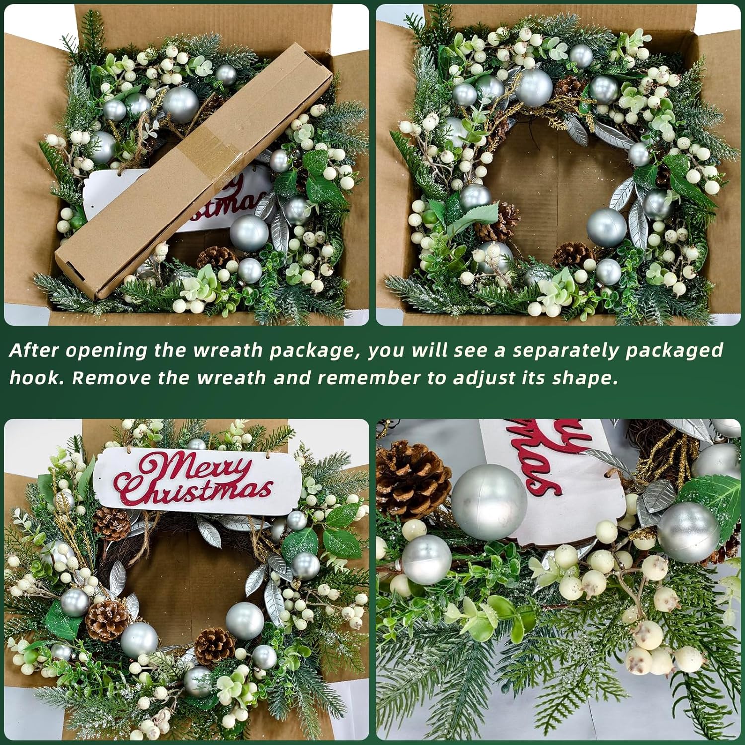 FINECASA Pinecone Christmas Wreaths with Sign, Wreath & Ajustable Hanger Set, Outdoor/Indoor Holiday Decor for Front Door, Porch & Window, 24in