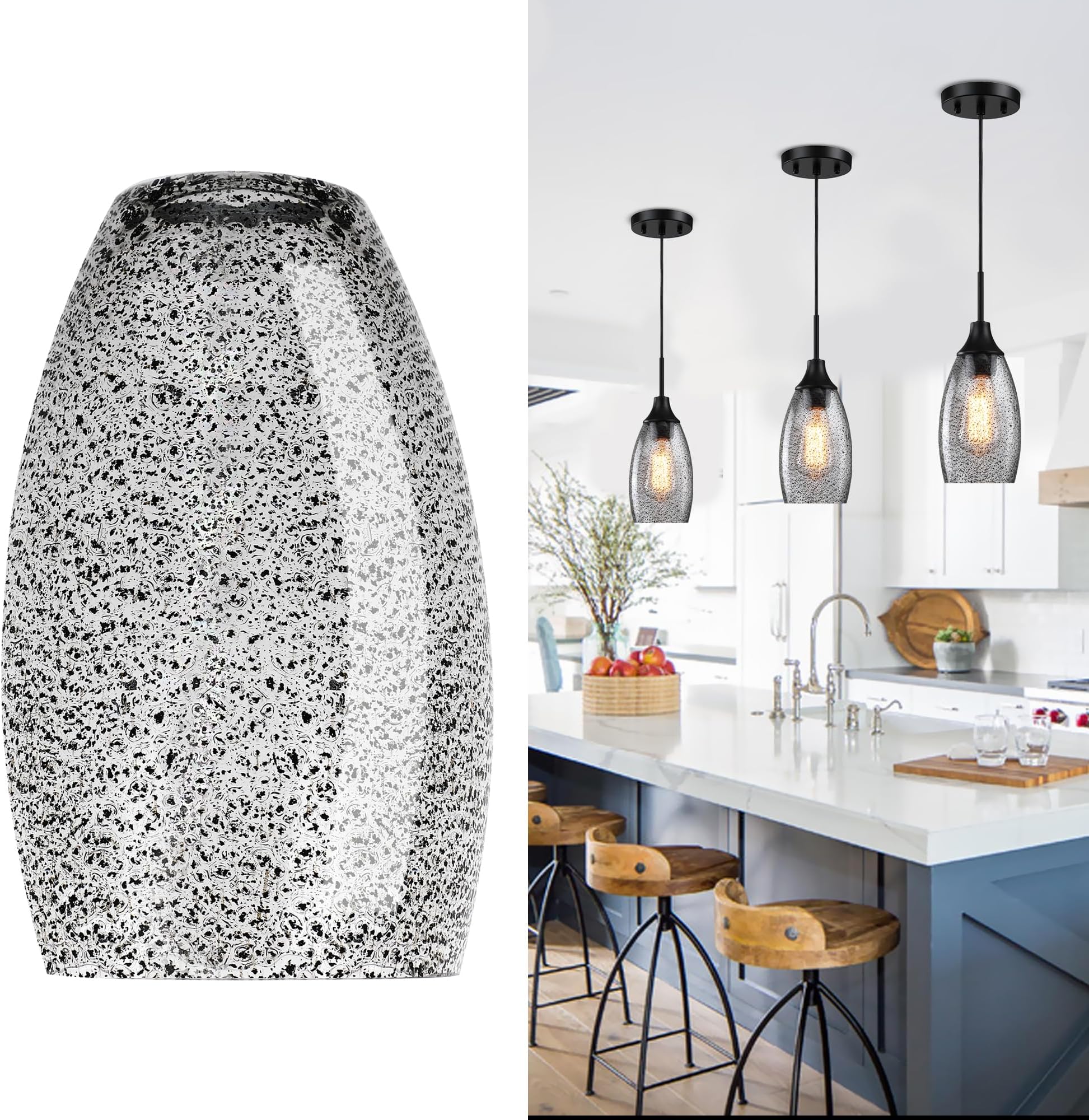 Black Seeded Art Glass Pendant Lamp Shade 4.72" Glass chandeliers Cover Mini Oval Light Shade Replacement Shade Only Light Fixtures for Kitchen Island pendant light 1-Pack