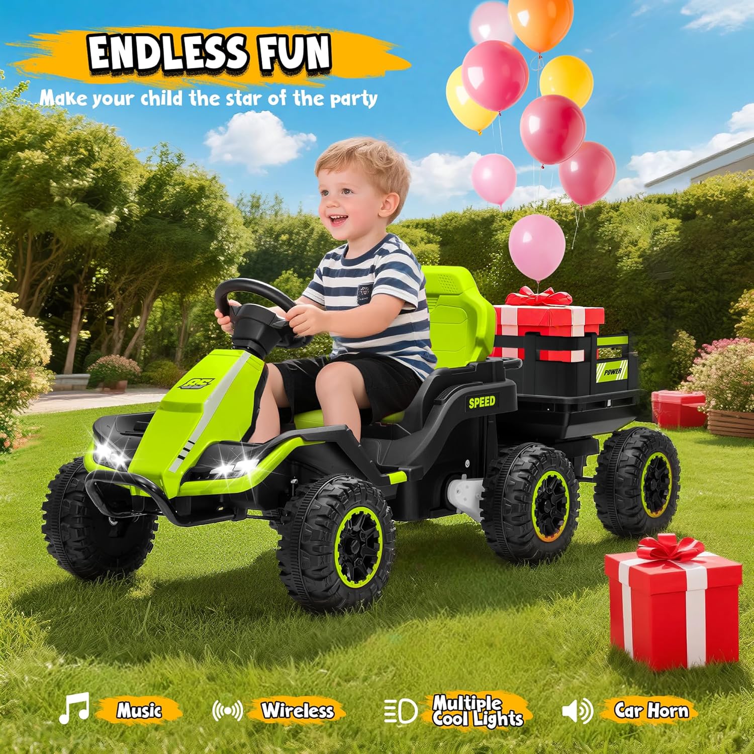 24V Ride On Toy for Big Kids with Trailer, 2x200W Motor, Electric Car for Kids w/Remote Control, Soft Start, Max 5MPH, Music & Wireless, Shock Absorbers, 4 Wheeler Ride On Car, Green