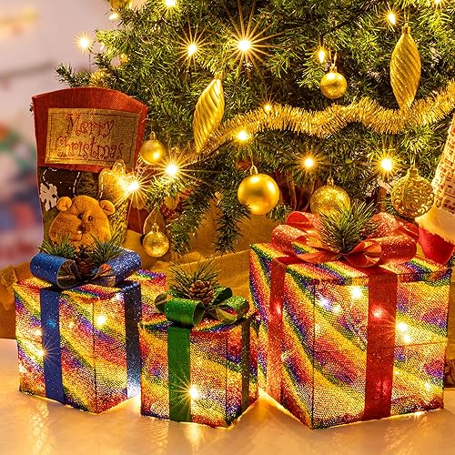 Miniatura 1 de Sunnyglade Juego de 3 cajas de regalo iluminadas de Navidad con enchufe, lazos, hojas de pino artificiales y conos de pino para Navidad, bodas,